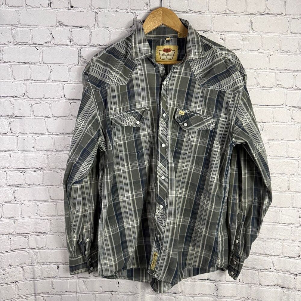 Larry Mahan Shirt Mens XL Cowboy Collection Pearl Snap Western Gray Plaid Ranch